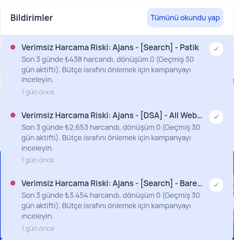 AdsLuma bildirimler paneli
